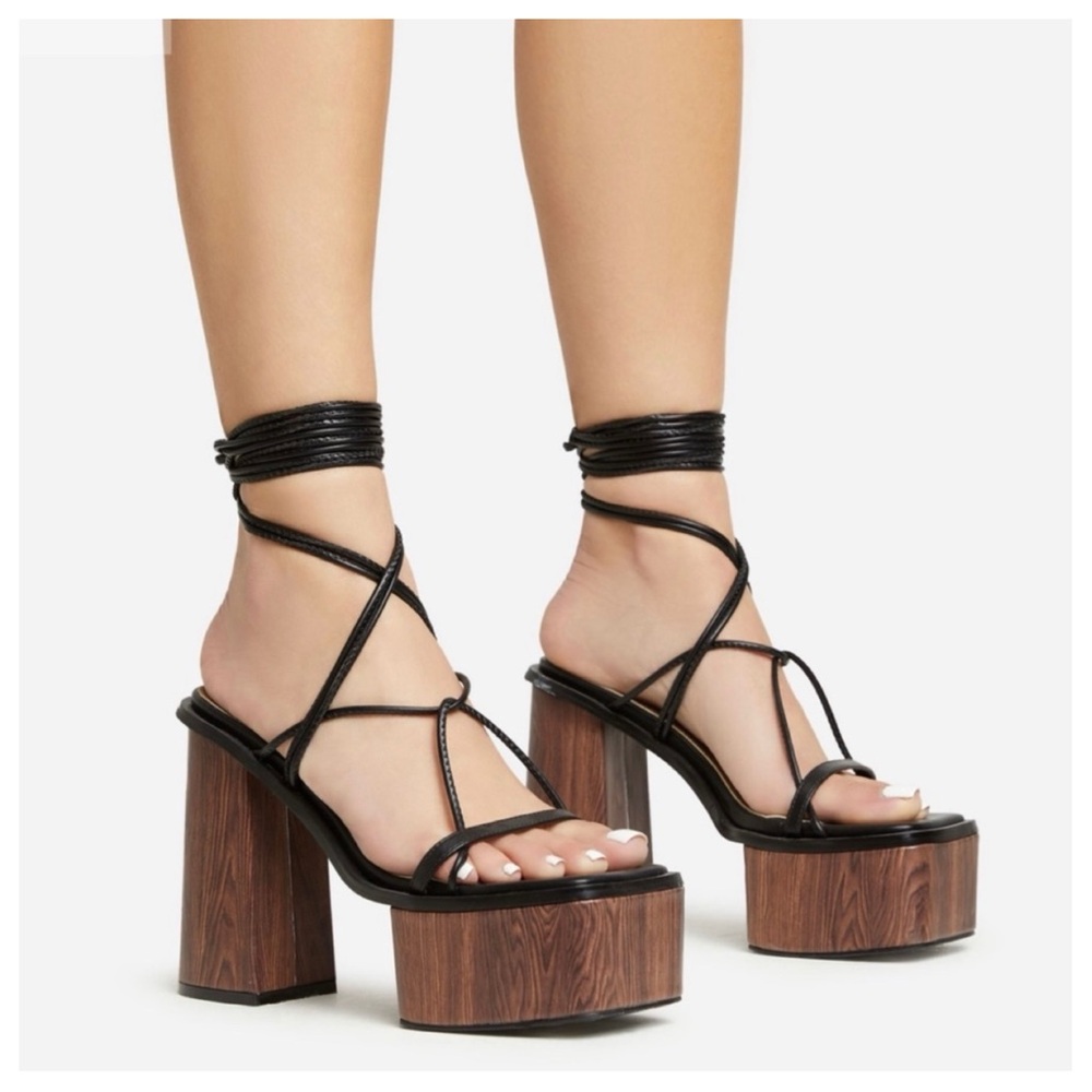 EGO Free-Soul Lace Up Strappy Wood Effect Platform Heels in Black Faux Leather